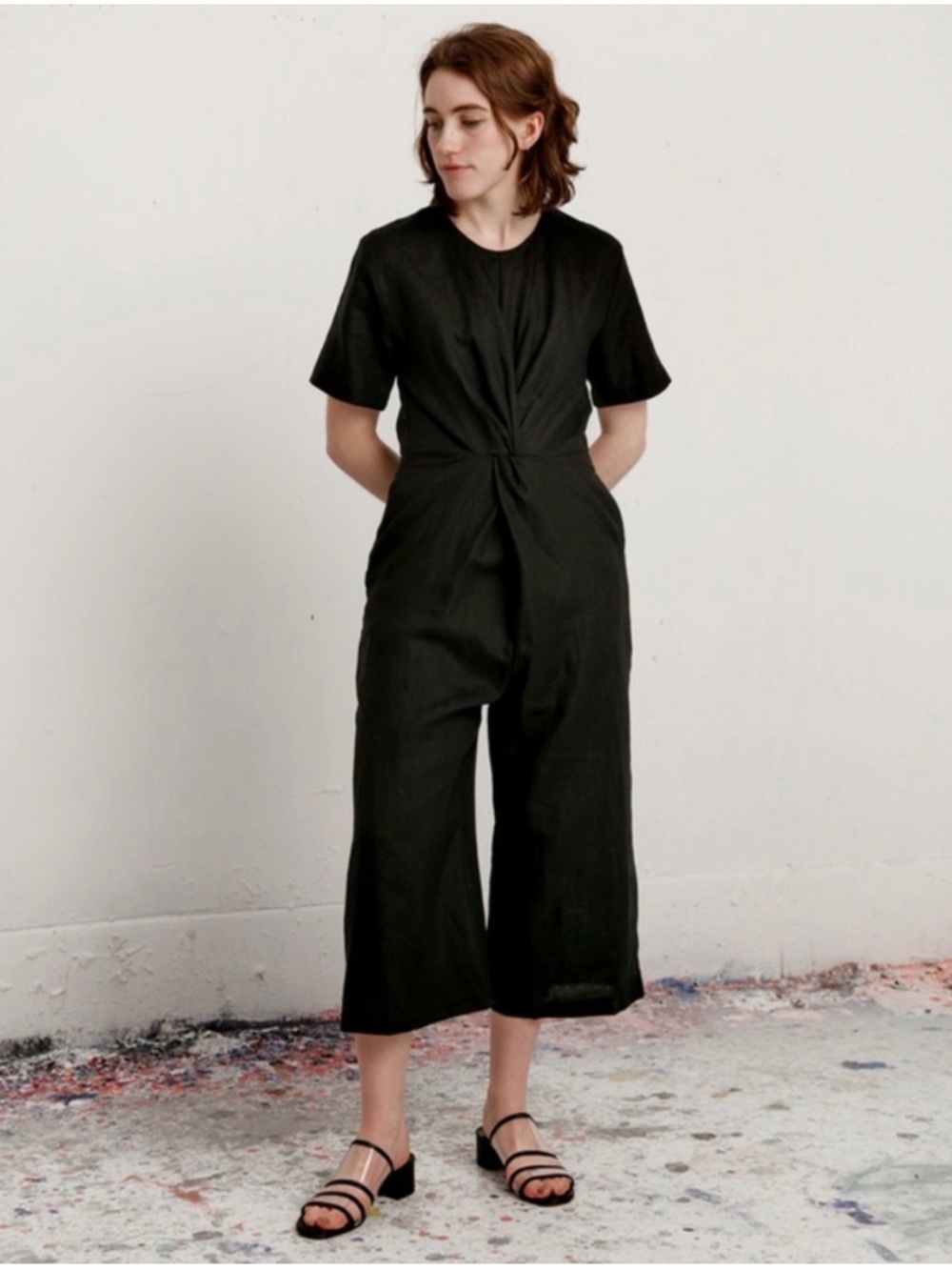 Shaina Mote Women's Black Short-Sleeve Jumpsuit 💯 % Linen - Classic Twist Front